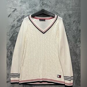 Tommy Hilfiger Varsity V Neck Sweater Womens Large White Striped